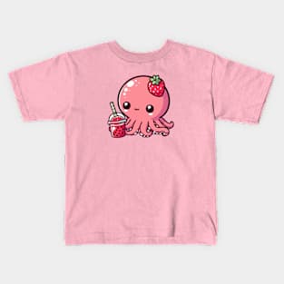 cute octopus drink strawberry boba Kids T-Shirt